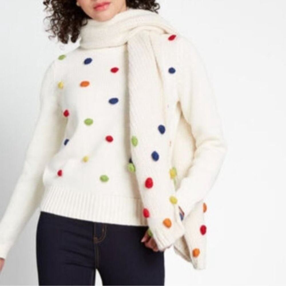 ModCloth Blowing Bubbles Pullover Rainbow Pom Pom White Sweater Size Medium